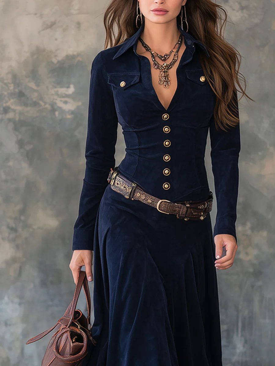 Pavla – Abito lungo elegante con bottoni e vita evidenziata