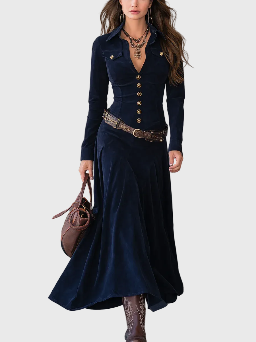 Pavla – Abito lungo elegante con bottoni e vita evidenziata