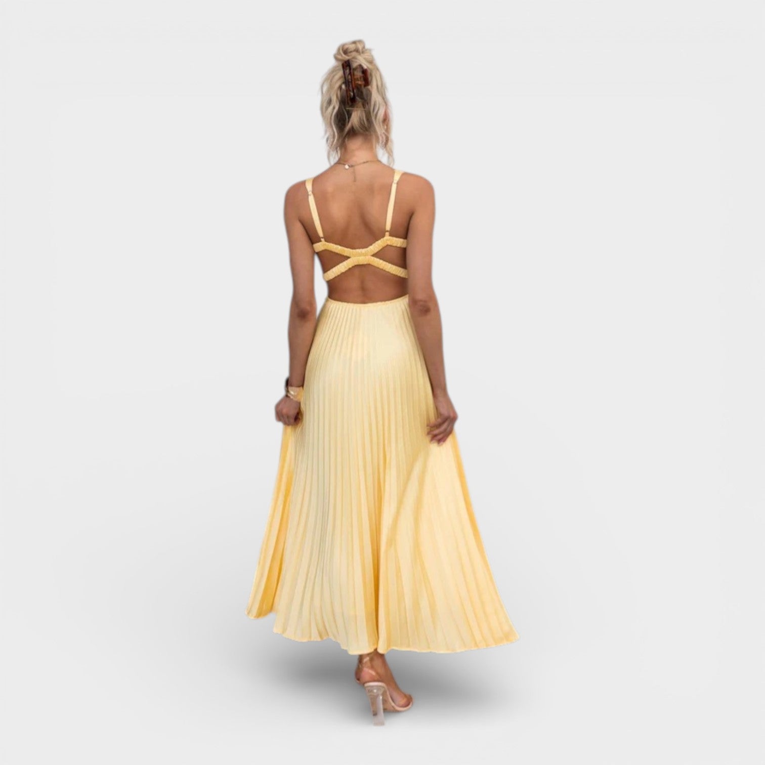 Aby - Abito Maxy Plissettato Giallo con Scollatura a V