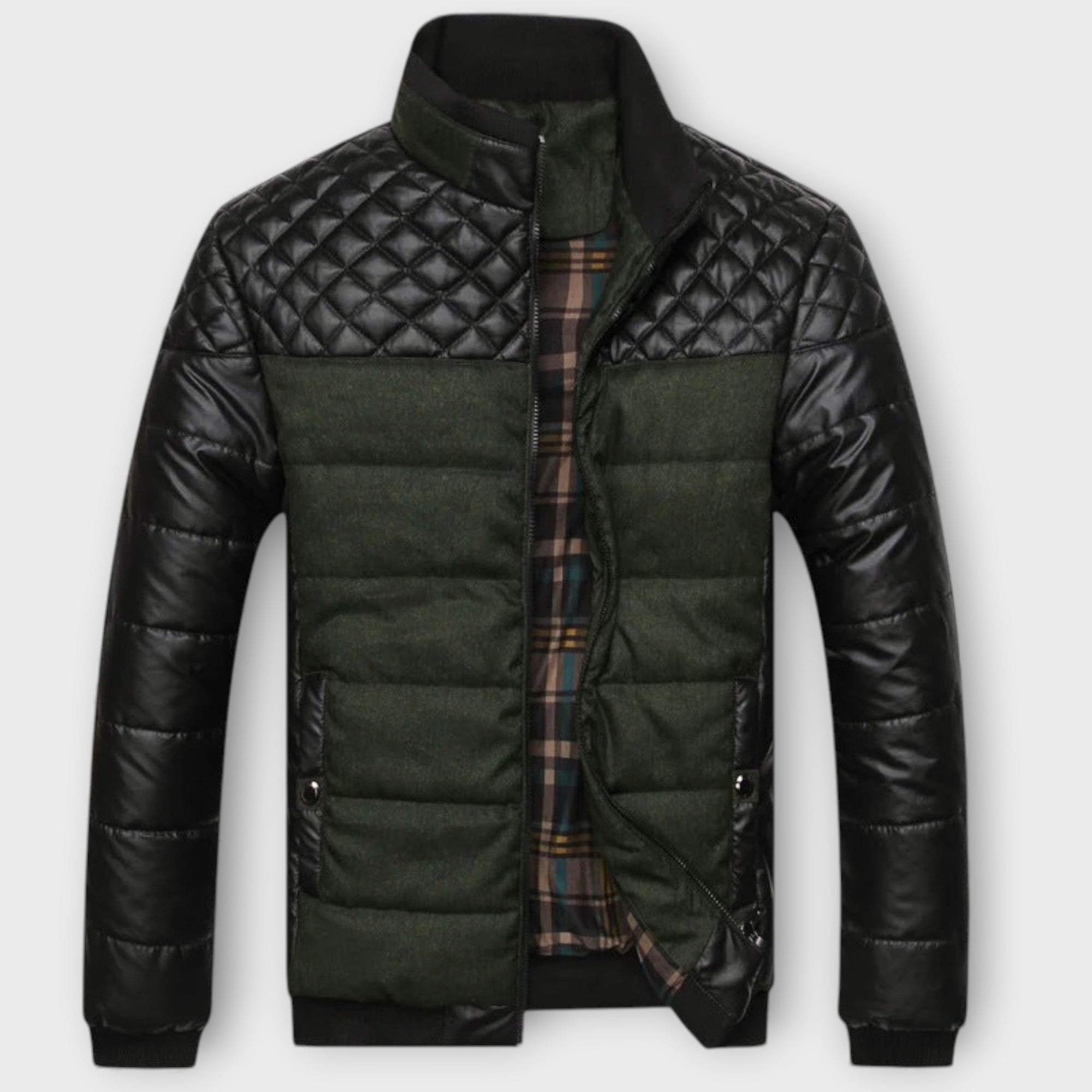 Giacca trapuntata bicolore in pelle e tessuto