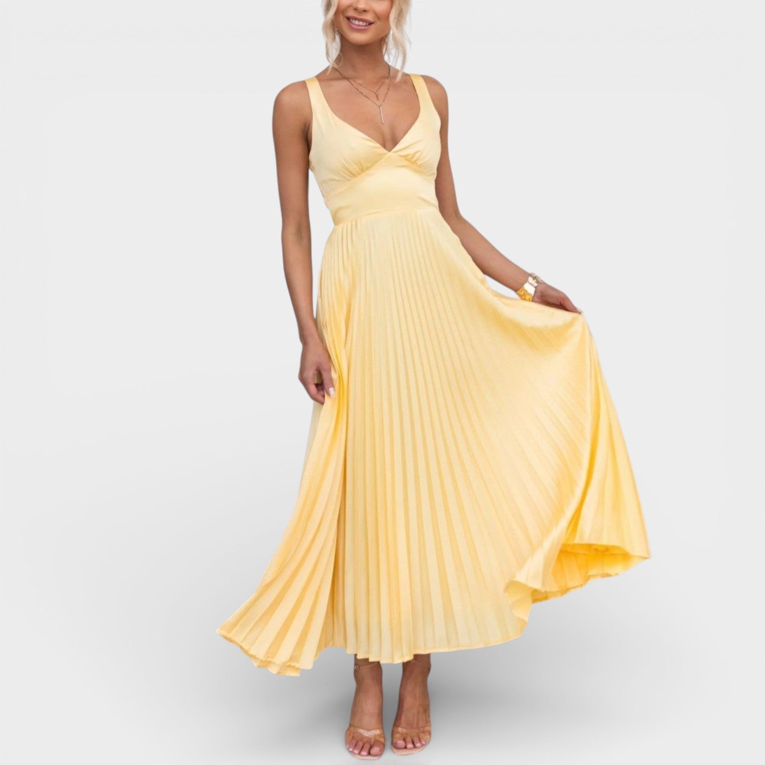 Aby - Abito Maxy Plissettato Giallo con Scollatura a V
