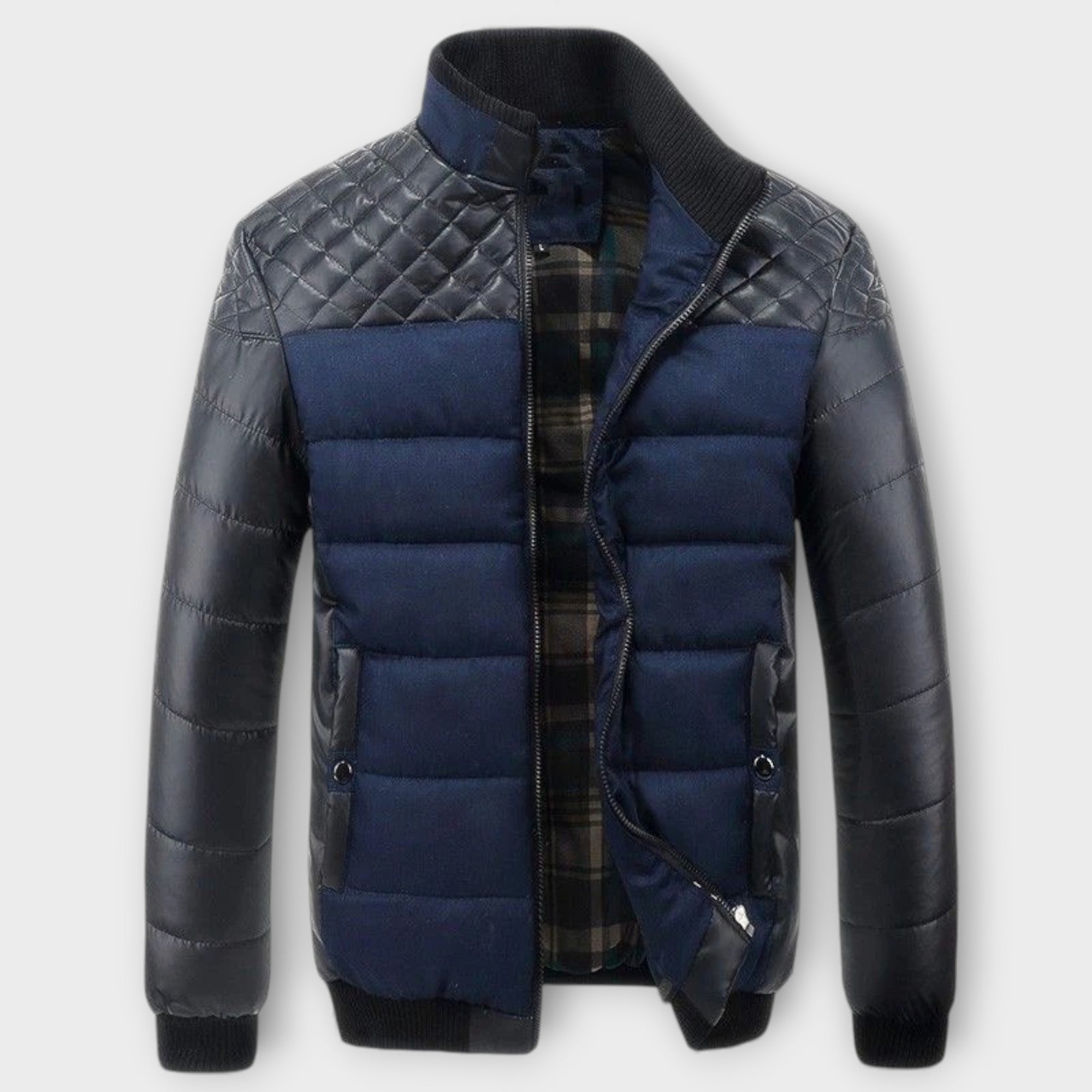 Giacca trapuntata bicolore in pelle e tessuto