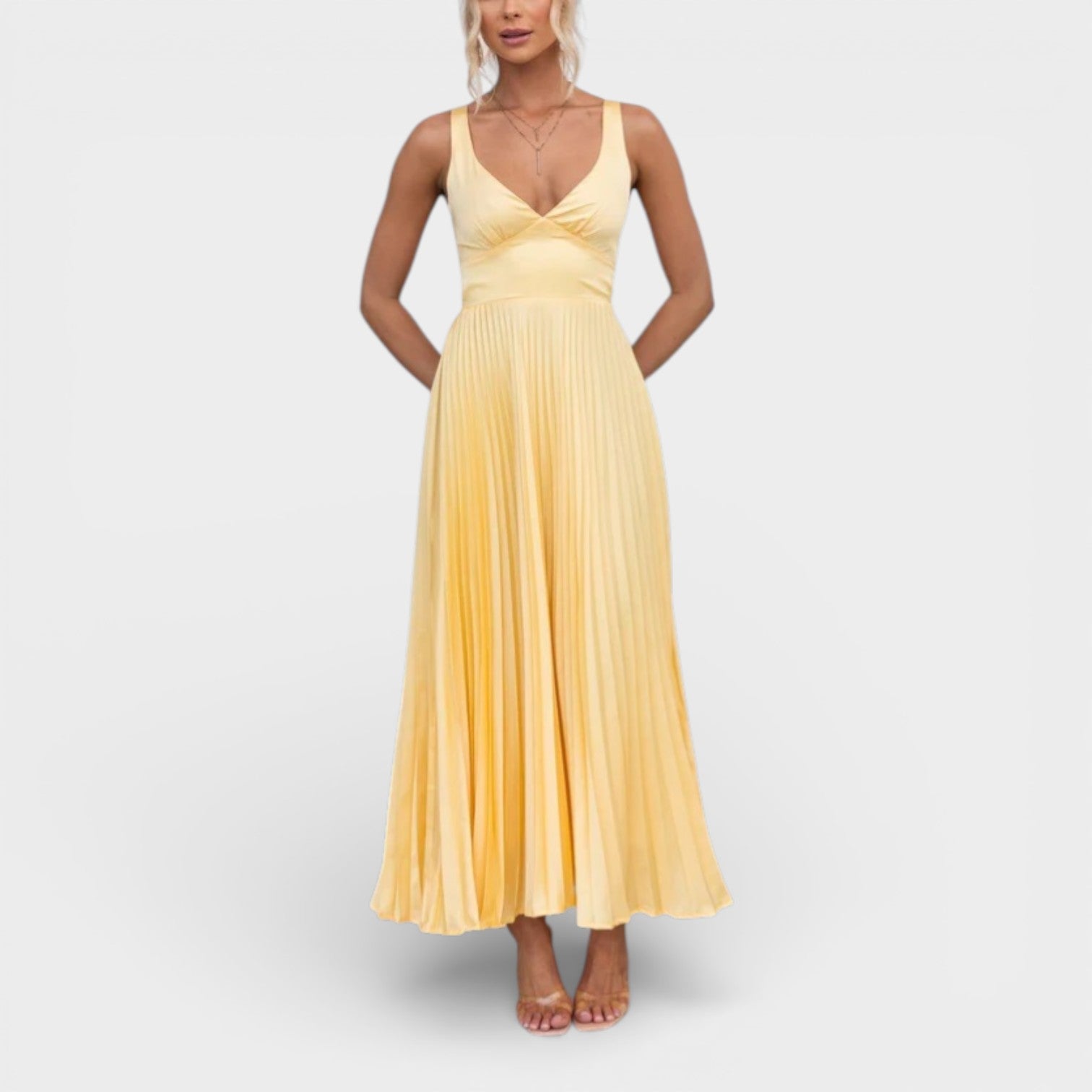 Aby - Abito Maxy Plissettato Giallo con Scollatura a V