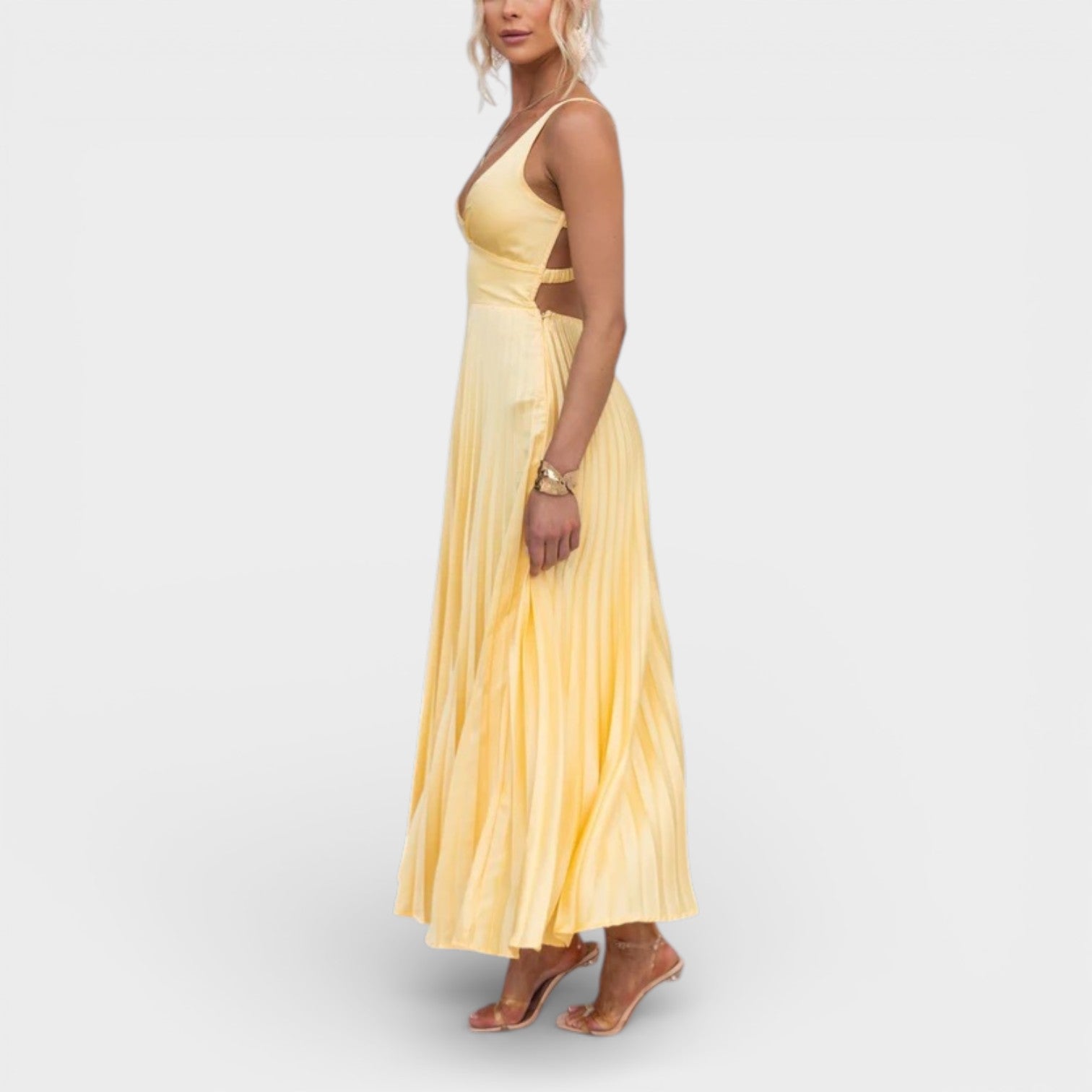 Aby - Abito Maxy Plissettato Giallo con Scollatura a V